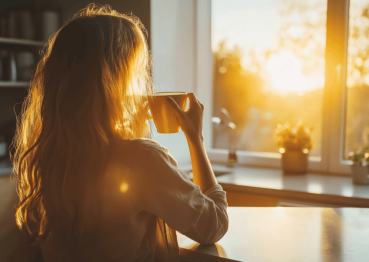 woman drinking tea in winter sun
